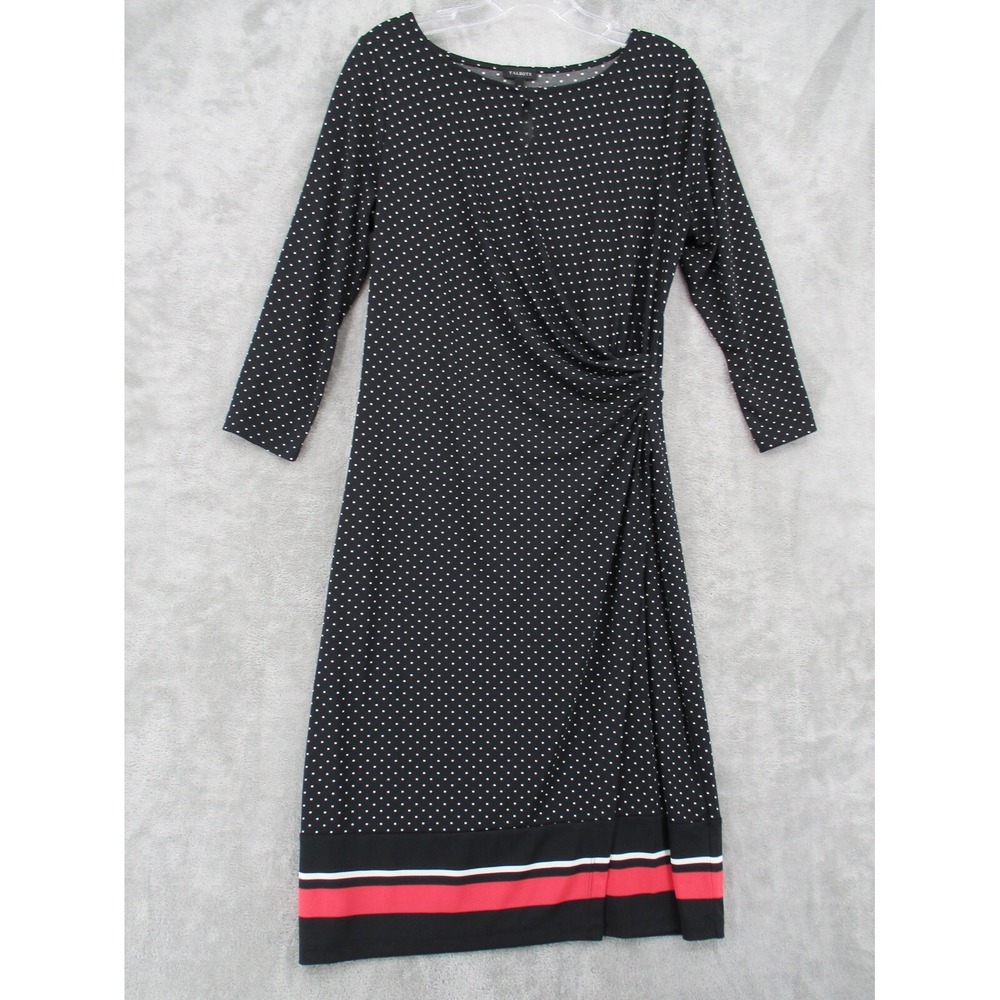 Talbots Dress Womens Size M Polka Dot Rushed Keyhole Midi Career Office Black